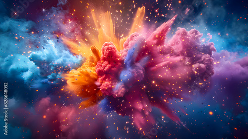 Colored powder explosion. Abstract closeup dust on backdrop. Colorful explode. Paint holi