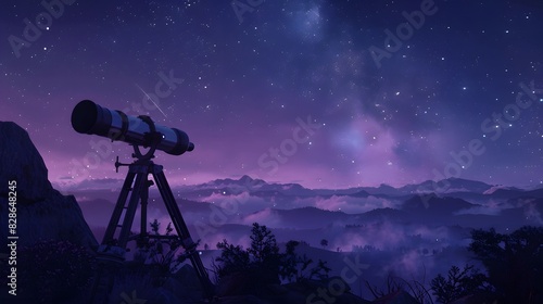 A telescope pointing towards the night sky, with stars and galaxies in view. The background is dark blue with purple hues, creating an atmosphere of mystery and wonder.