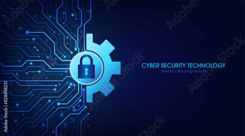 Padlock and cog wheel on printed circuit board. secure system concept with a Padlock. Cyber security technology concept abstract background futuristic Hi-tech style. Vector and Illustration.