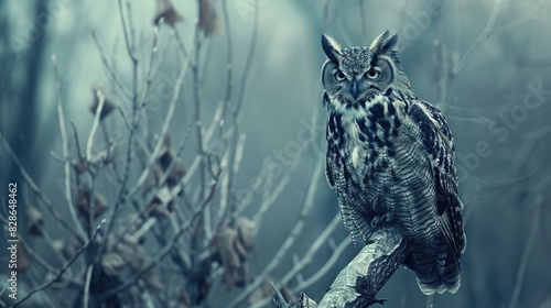 A wise old owl perched on a branch  its feathers ruffled by the breeze as it watches for prey  