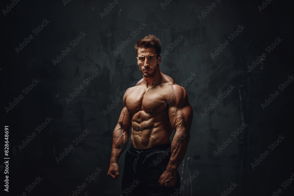 A muscular male bodybuilder on a dark background