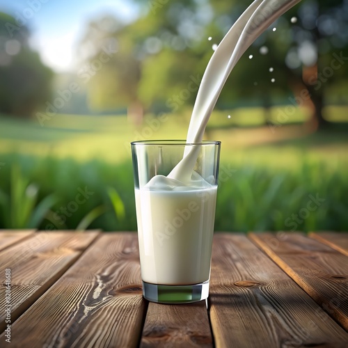 pouring milk into a glass on a wooden table 3d ren