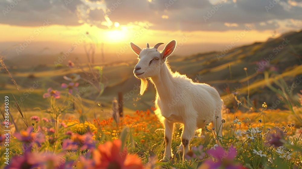 A white goat stands in the middle of a field full of flowers, with its head tilted to one side and ears perpped up. A white goat stands in the middle of a field full of flowers, with its head tilted to one side and ears perpped up.