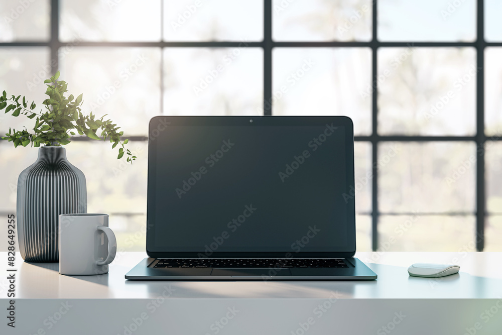A modern laptop with a blank screen on a desk, a vase with greenery, a coffee mug, and a mouse, in a room with large windows, concept of a workspace. 3D Rendering A modern laptop with a blank screen on a desk, a vase with greenery, a coffee mug, and a mouse, in a room with large windows, concept of a workspace. 3D Rendering