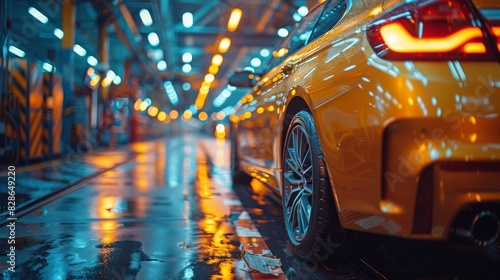 A vibrant yellow sports car on a shiny wet factory floor reflected under industrial lights, giving a sense of innovation and style