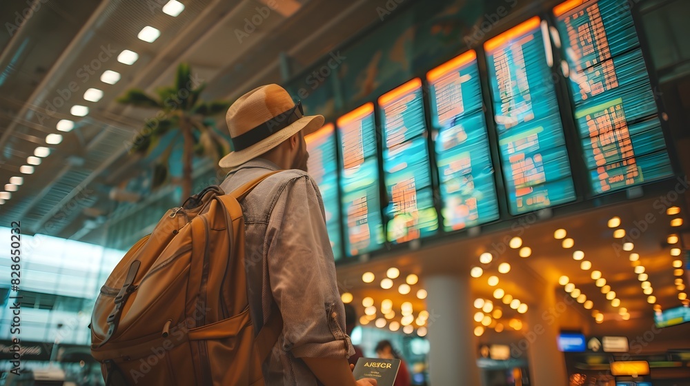 Summer Travel Traveler Checking Flight Board at Busy Airport Summer Travel Traveler Checking Flight Board at Busy Airport