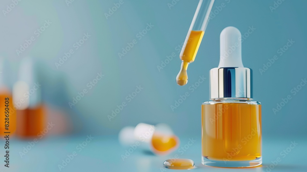 Close up of bottle pipette dropper with yellow orange serum. Close up of bottle pipette dropper with yellow orange serum.