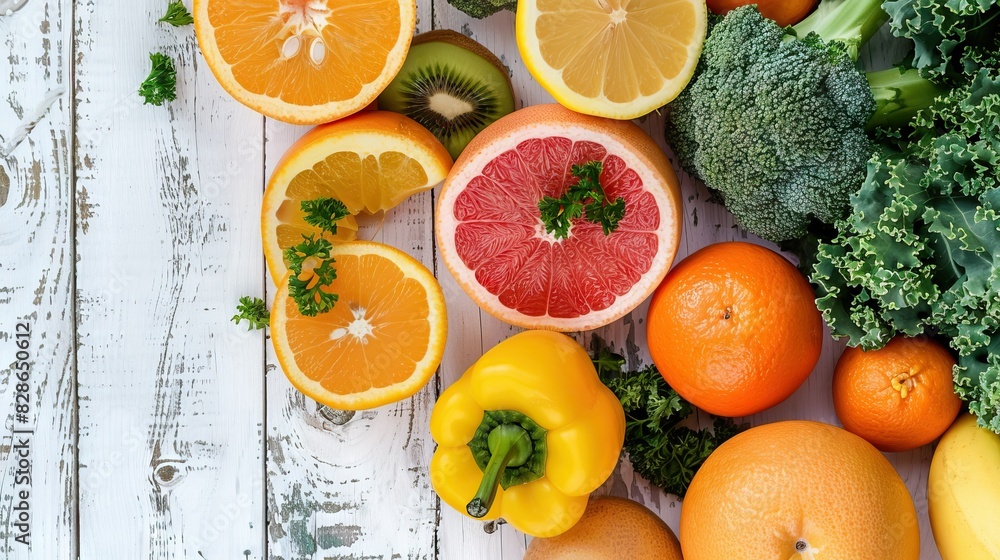 Vitamin C rich fruits and vegetables on wooden table top view Vitamin C rich fruits and vegetables on wooden table top view