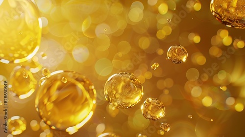 Abstract golden oil and water bubbles macro photography background.