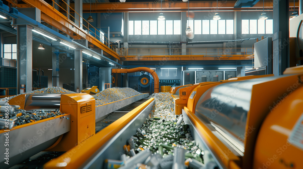 Fototapeta premium A large industrial building with a conveyor belt full of trash. Scene is bleak and somber, as it shows the amount of waste that is being produced and the impact it has on the environment