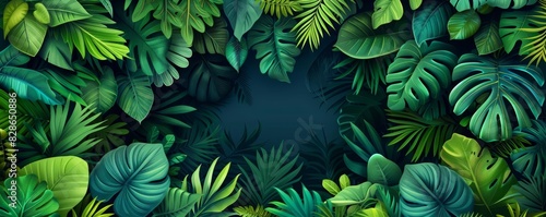 Dense jungle with exotic green undergrowth, flat design, top view, rainforest theme, cartoon drawing, vivid