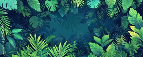 Dense jungle with exotic green undergrowth  flat design  top view  rainforest theme  cartoon drawing  vivid