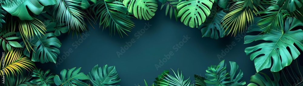 Tropical jungle with dense foliage, flat design, top view, secret garden theme, animation, black and white