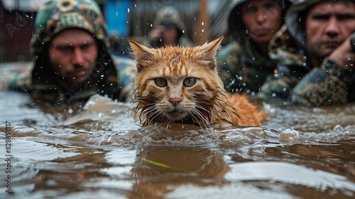 Rescuing a cat during a flood. A drenched cat is rescued from flood waters by a man in a rescue uniform