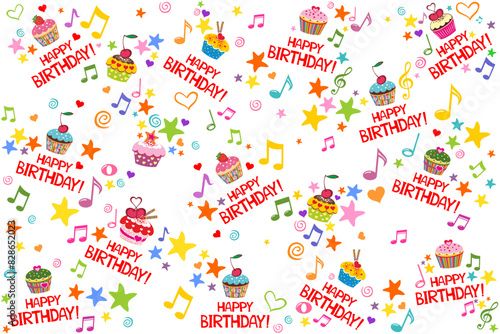 Happy birthday. Seamless wrapping paper of musical notes, text, stars. Seamless cupcake pattern isolated on White background. Vector illustration