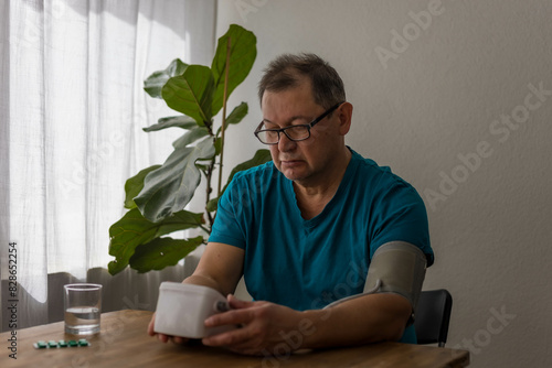 Seniory man checks blood pressure with monitor on upper arm in room  photo