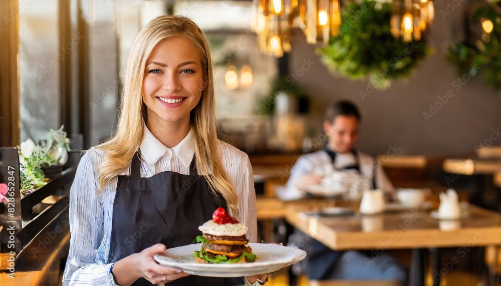 Smiling waitress serving food in a cafe