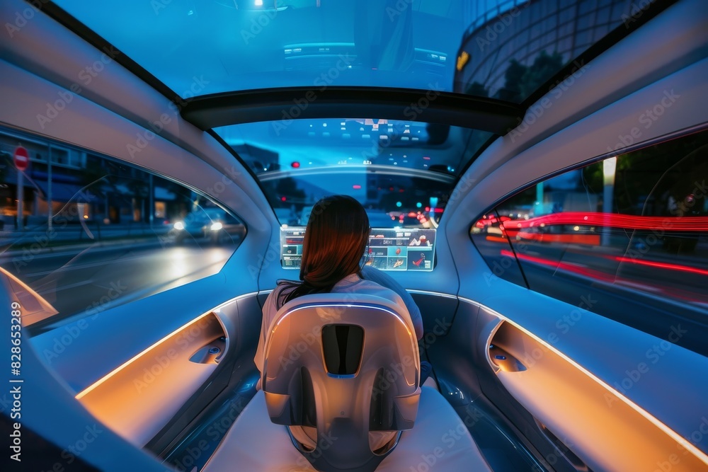 Woman enjoying a ride in a modern autonomous vehicle with a spacious interior, showcasing advanced self driving technology and urban mobility innovation Woman enjoying a ride in a modern autonomous vehicle with a spacious interior, showcasing advanced self driving technology and urban mobility innovation
