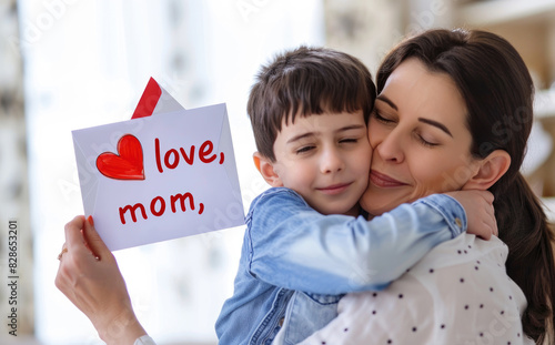 A mother and son are hugging each other, the boy holding an envelope with a heart symbol on it in his hand