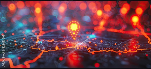 Neon GPS Markers on a High-Tech Circuit Board