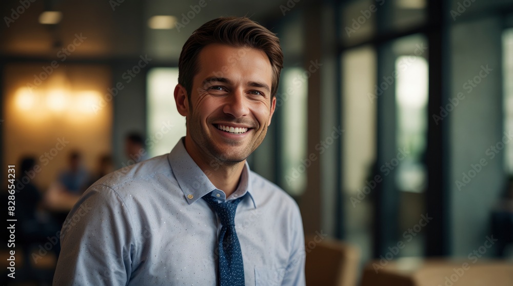 Obraz premium Smiling businessman exuding satisfaction in the modern ambiance of a startup's corporate office