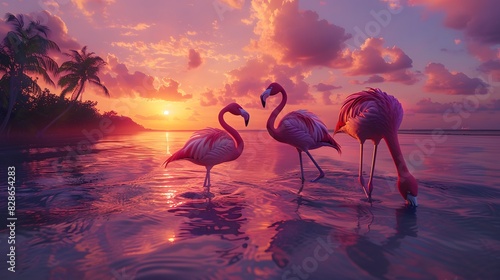 Flamingos standing in shallow water at sunset  photo realistic  in the style of national geographic style.