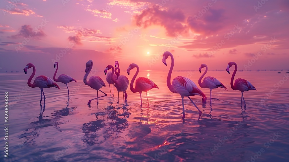 Naklejka premium Flamingos standing in shallow water at sunset, photo realistic, in the style of national geographic style.