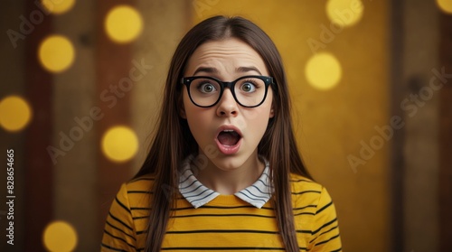 Surprised nerdy girl in glasses and striped top, yellow background, funny shocked expression. photo