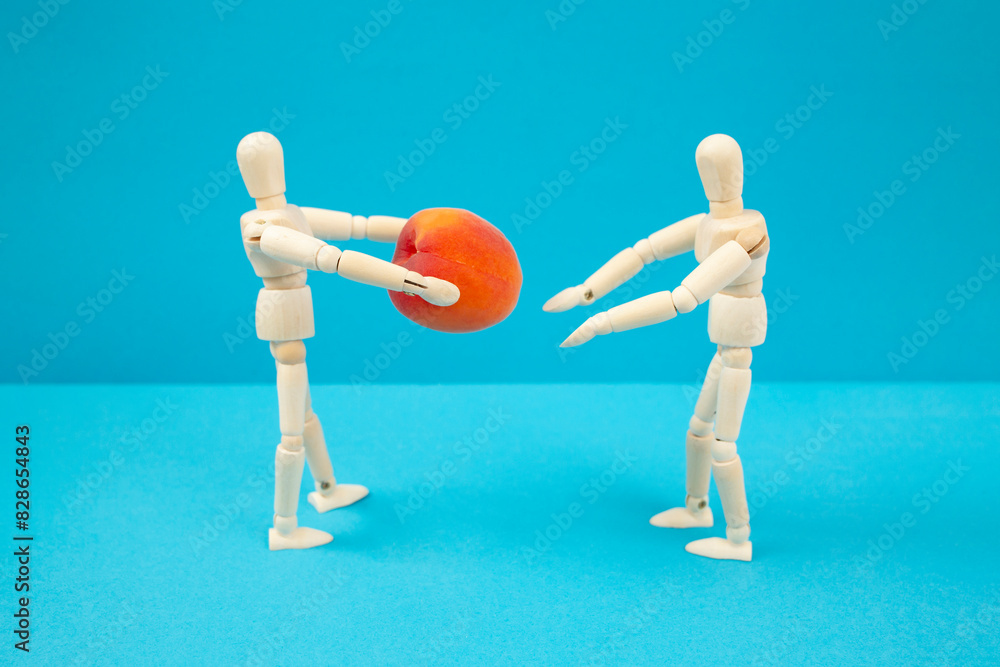 Two wooden mannequins, one holding a peach fruit, giving or donating concept, soft focus close up Two wooden mannequins, one holding a peach fruit, giving or donating concept, soft focus close up
