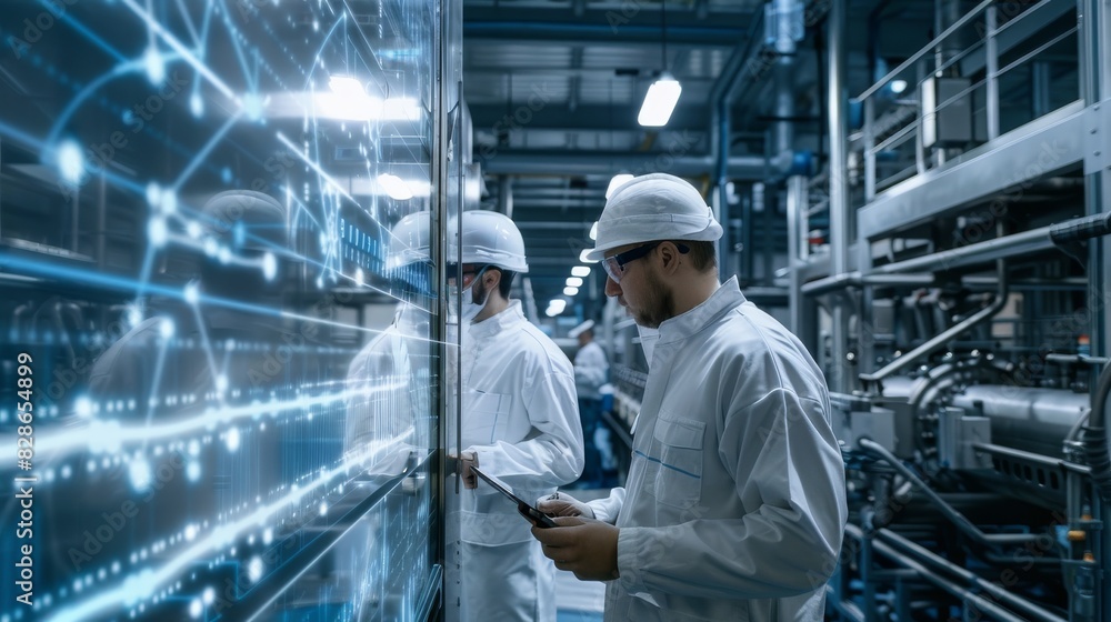 Two men in white lab coats are looking at a computer screen with a lot of lines Two men in white lab coats are looking at a computer screen with a lot of lines