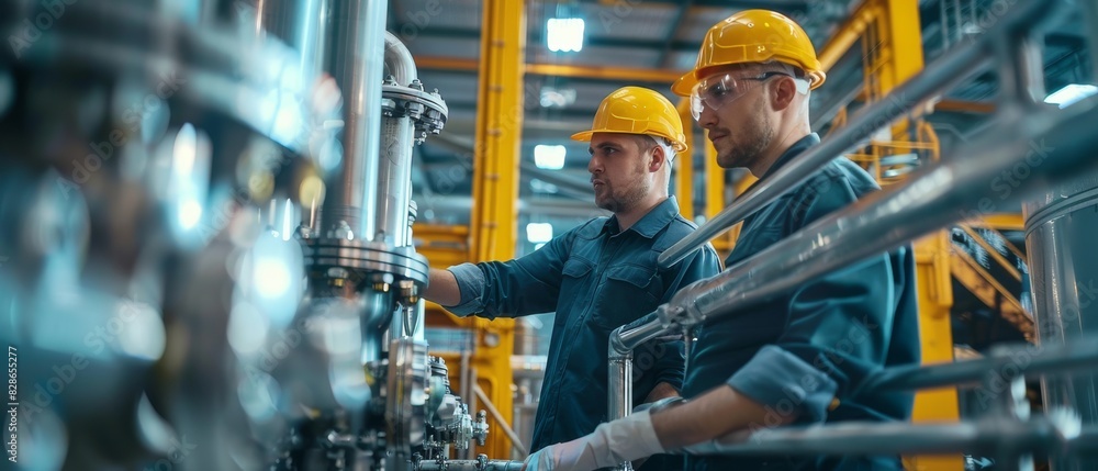 Two men in yellow helmets are working on a machine in a factory Two men in yellow helmets are working on a machine in a factory