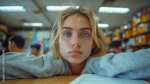 A portrait of a young woman with blue eyes, resting her chin on her hands, with a serious expression, in a classroom