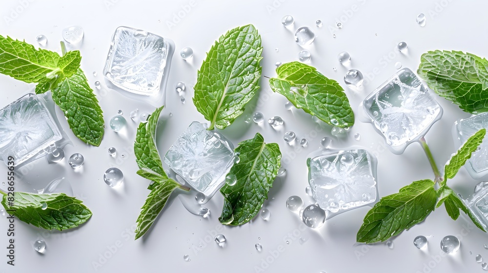Obraz premium Mint leaves and ice cubes isolated on white background, flat lay.
