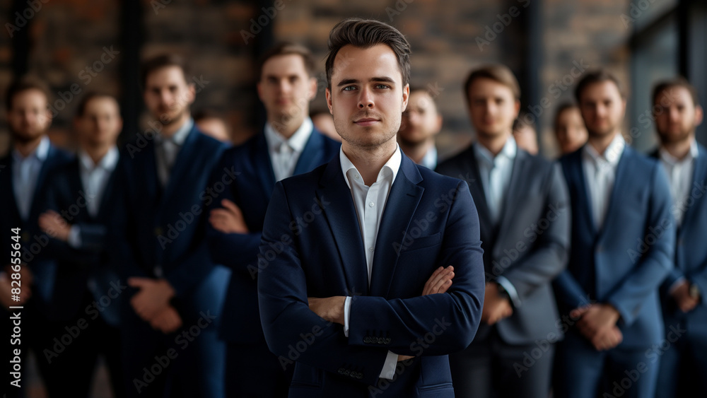 Confident male businessman standing with his coworkers and looking at the camera Confident male businessman standing with his coworkers and looking at the camera