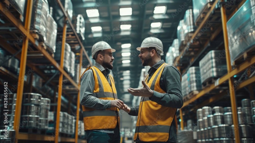 Two men in yellow vests are talking in a warehouse Two men in yellow vests are talking in a warehouse
