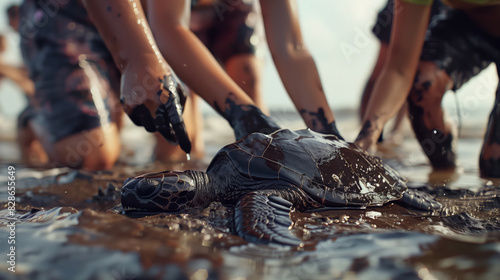 A group of concerned tourists rescues a sea turtle from an oil spill in the ocean. An oil spill affecting marine life. An environmental problem photo