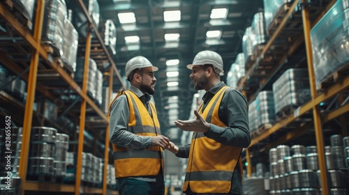 Two men in yellow vests are talking in a warehouse