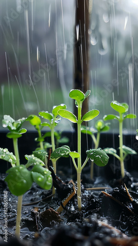 Delve into the wonders of springtime gardening as tender seedlings are lovingly placed in the moist earth amid a gentle rain shower. AI generative.