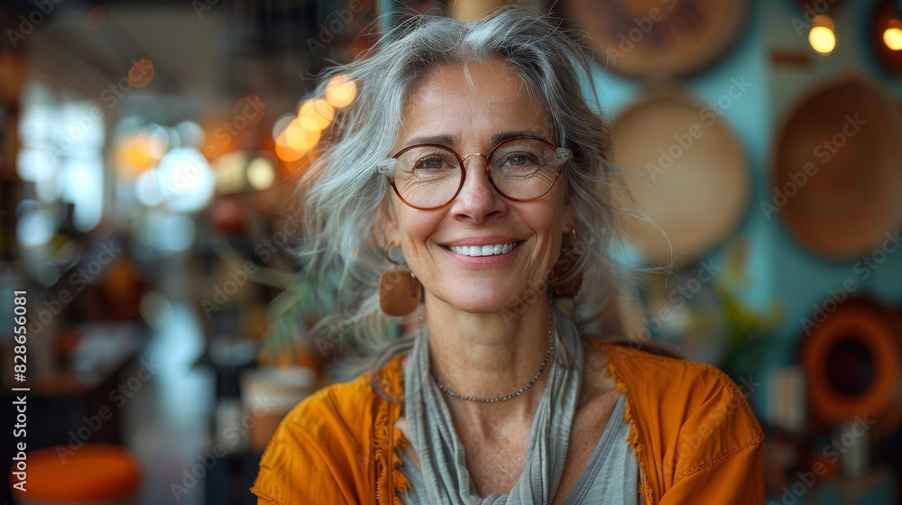 Bright-eyed mature woman wearing glasses with a vibrant smile in a cafe setting