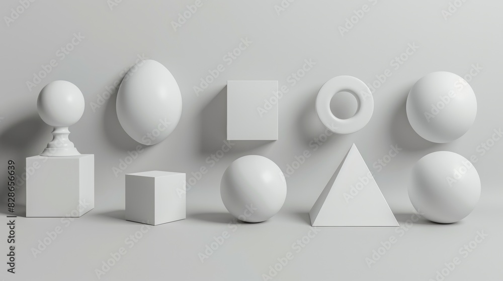 Set of smooth white geometric shapes, various angles, gray background Set of smooth white geometric shapes, various angles, gray background