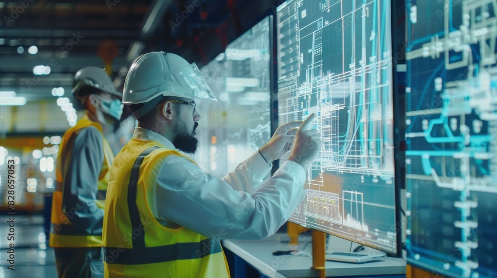 A man in a yellow vest is looking at a computer screen with a group of people in A man in a yellow vest is looking at a computer screen with a group of people in