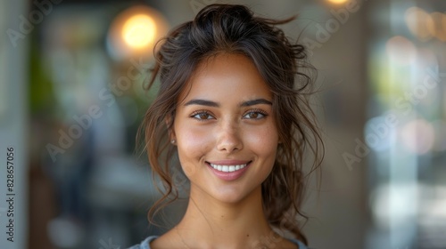 Cheerful young woman with wavy hair and a bright smile against a soft blurred background