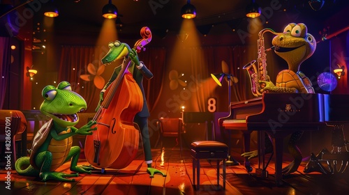 A jazz club setting with a cartoon snake on the double bass, a frog with a saxophone, and a turtle on piano, playing smooth jazz under dim club lighting. photo
