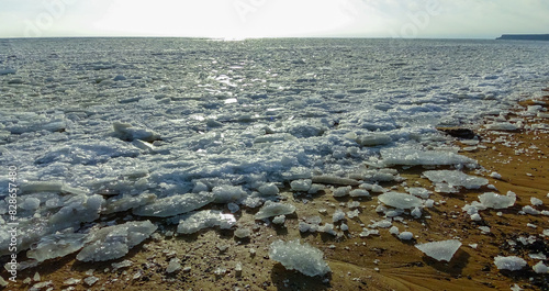 Frozen Black Sea, ice floes off the coast, Ukraine photo