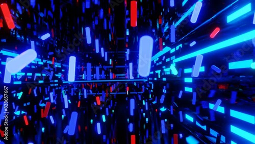 Mirror room with neon light. Abstract festive bg with bright reflection. vj loop neon room. seamless looped background with neon light. Night club bright neon style bg. Dark room disco lights