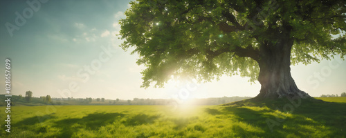 big tree on meadow with sun in background. High resolution illustration