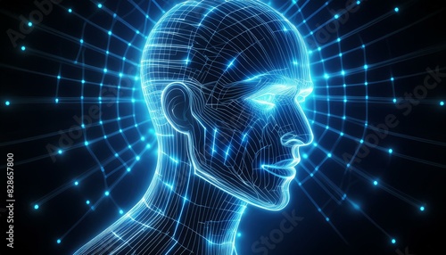 A detailed holographic projection of a human head, formed by luminous neon blue lines outlining its iconic features, set against a void-like darkness.