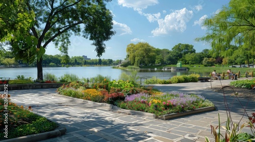 A lively summer scene in a metropolitan park with a large lake, vibrant green trees, flower beds in full bloom, and a well-used stone path frequented by unseen visitors. photo