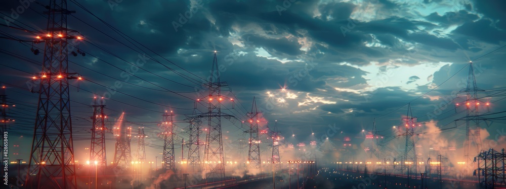 Fototapeta premium Urban Power Grid During a Thunderstorm