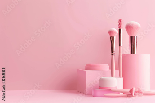 Experience the allure of a makeup show featuring light pastel pink hues. AI generative technology enhances the visual creativity, making each shade pop. photo